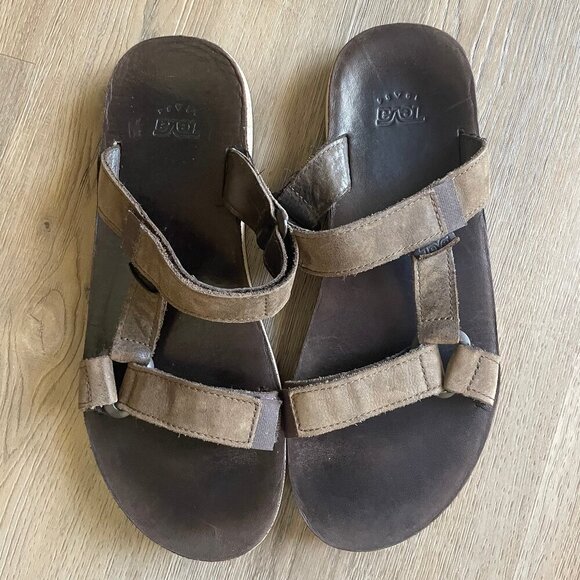TEVA Universal Slide Men's Sandals Size 10 Brown Leather Hooks and Loop Straps! - Picture 3 of 7